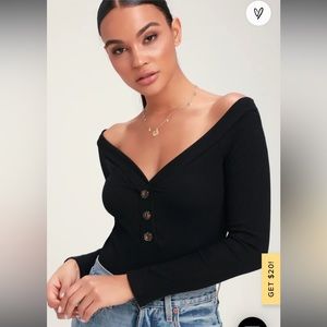 Lilyth Black Ribbed Long Sleeve Off-the-Shoulder Bodysuit